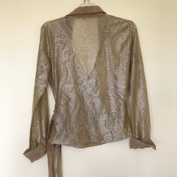David Bitton Sheer Gold Paisley Faux Wrap Long Sleeve Top with Waist Tie Vintage - Picture 2 of 7